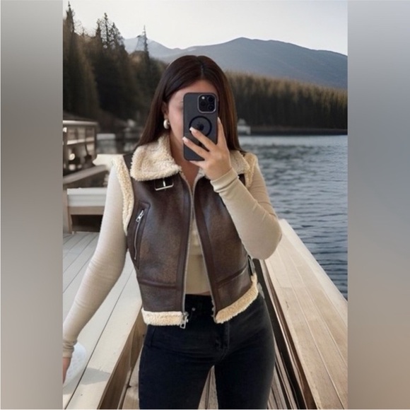 ZARA DARK BROWN CROPPED DOUBLE FACED VEST SIZE:XS 8073/238 - Picture 4 of 9